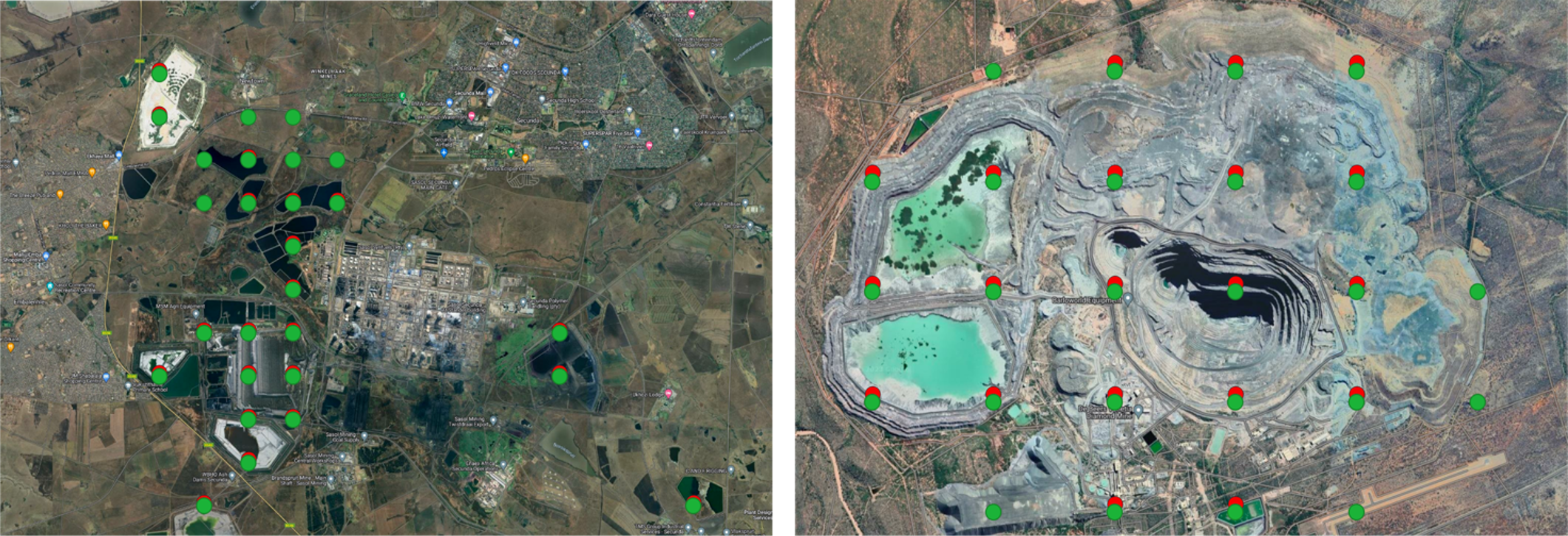 Figure 2: Mine detection examples, labelled data(green) vs predicted data (red)