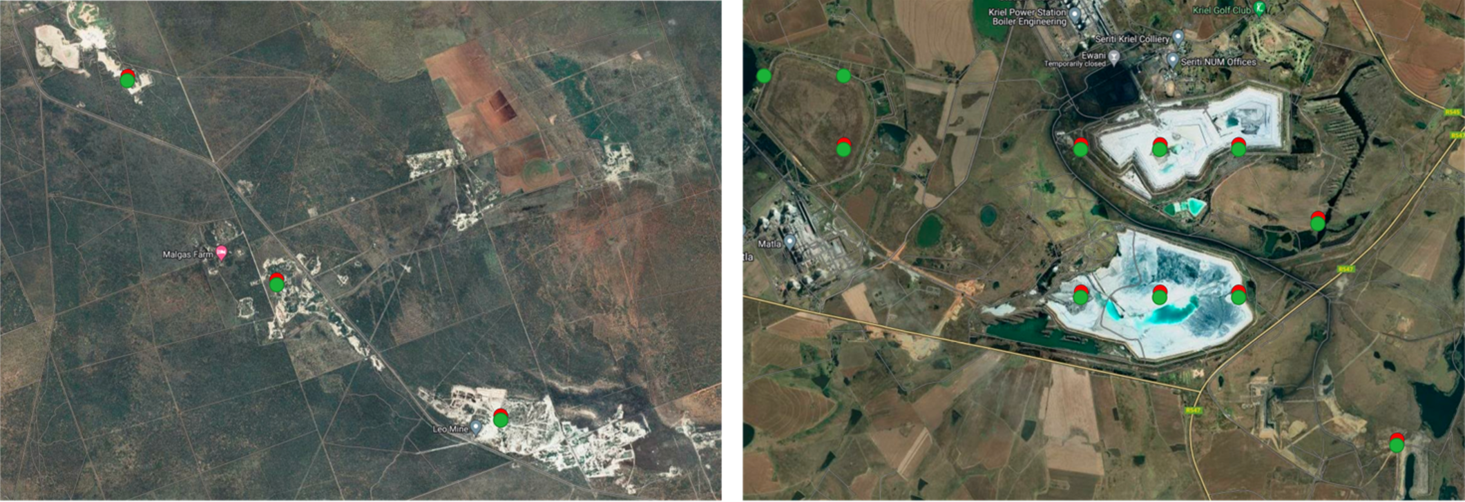 Figure 3: Mine detection examples, labelled data (green) vs predicted data (red)